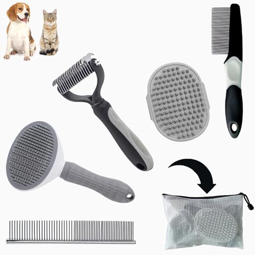 5PCS Grooming Kit for Dog,Puppy- Deshedding & Slicker Brush for Short-Haired Pets, Flea Comb and Grooming Comb Set Grey - color: Grey