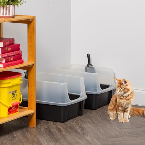 IRIS USA Large High Sided Cat Litter Box, Scatter Shield, Black | Active Cats, Tall Wall Protection, Kick-Proof Sides, Extra Deep Pan, Easy Daily Scoop, Keeps Floor Clean - color: Black, size: Open Top - 2 Pack
