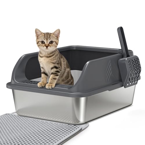 Stainless Steel Litter Box with Lid, Enclosed Metal Cat Litter Box with Built-in Carry Handle & 120° Flip-Top (Dark Gray, Small) - color: Dark Gray, size: Small