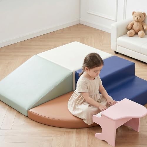 Sumbababy Climbing Foam Blocks for Toddlers: Waterproof Pu Leather Soft Climber - 4 Pcs Toddler Indoor Climbing Toys - Kids Outdoor Playground Playset Best Gift Preschool Daycare Supplies（Blue/Brown） - style: Blue/Brown