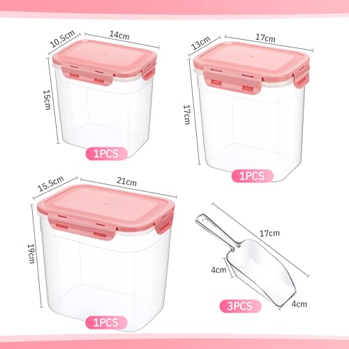 Patelai 6 Pcs Dog and Cat Food Storage Containers with Scoops Set Plastic Pet Food Storage Containers Stackable Airtight Dry for Kitchen 1.27 Qt, 2.4 Qt, 4 Qt(Pink) - color: Pink