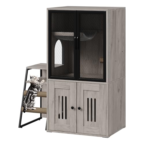 TrailBlaze Litter Box Enclosure with Platform, Double Layer Hidden Furniture, Modern Villa Cat Cabinet with Ladder, Hammock & Metal Mesh Door, Indoor Washroom Cat House-Gray - color: Gray