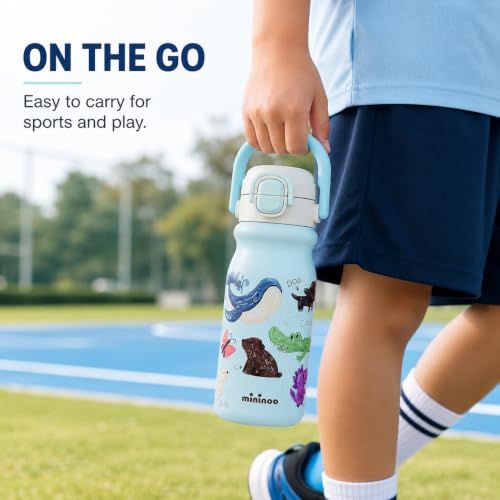 18oz Insulated Stainless Steel Kids Water Bottle for School, Animal | 2-in-1 Straw & Spout Lid, Leak-Proof, BPA-Free, for Girls & Boys, Blue - color: 18oz Light Blue-Animal