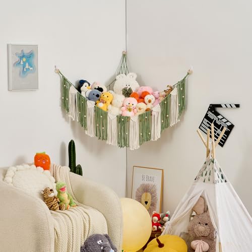 Stuffed Animal Hammock with Weaving Tassels and Beads Sage Green - color: Sage Green