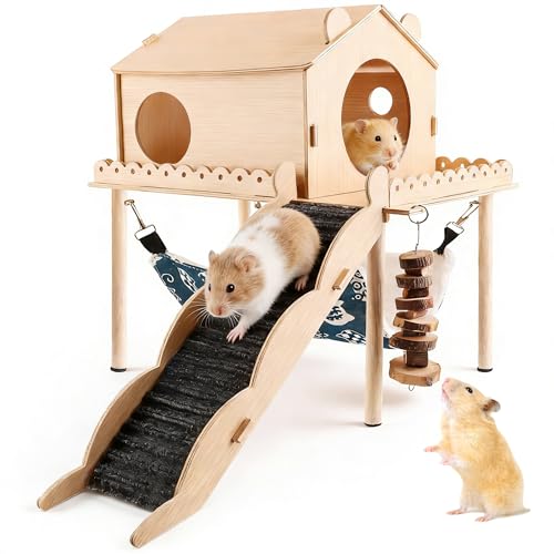 Guinea Pig Hideout Wooden Hamster Castle with Stair Hammock House | Detachable Double-Decker Guinea Pigs House for Hamsters Rabbit Chinchilla Small Animal Hiding Sleeping Activities