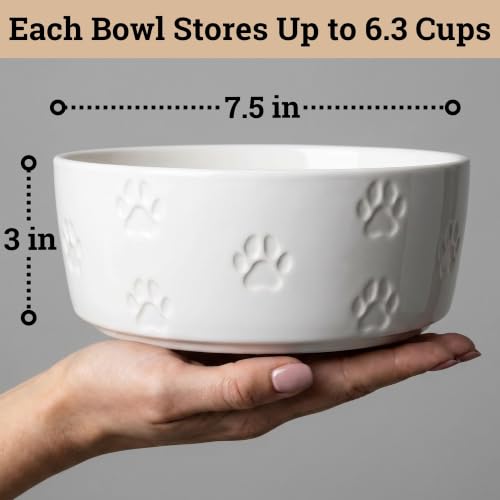 Ceramic Dog Bowl Set of 2 with Anti-Skid Base 7.5" W x 3" H, 6 Cup Capacity | Thick Ceramic, Dishwasher Safe, Anti-Skid Rubber Base, 6 Cups per Bowl, Ceramic Food & Water Bowls Set of 2 for Large Dogs - color: White, size: Large