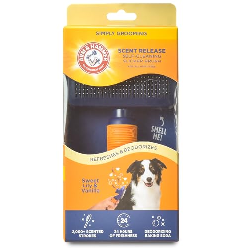 Arm & Hammer Deodorizing Slicker Dog Brush, Sweet Lily & Vanilla, 2-Pack | Fragrance transfer technology, baking soda infused, self-cleaning button, removes loose fur and tangles - size: 2-Pack, style: Slicker Brush - Sweet Lily & Vanilla