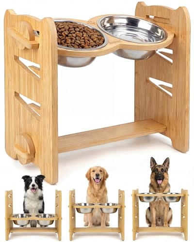 Jovrun Elevated Dog Bowls, Adjustable Raised Dog Bowl Stand for Medium Large Size Dogs, 15°Tilted Elevated Dog Bowls, Durable Bamboo Dogs Feeder with 2 Stainless Steel Bowls and Non-Slip Feet - color: Bamboo, size: 6.8″-13.4″For Medium and Large Dogs