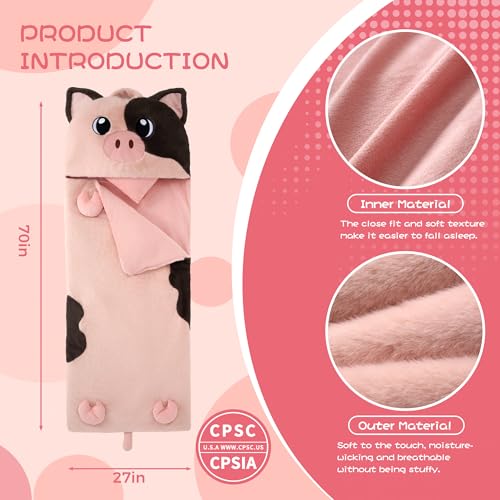 70" 4.2lbs Kids Sleeping Bag with Pillow Pink Pig Toddler Nap Mat | Sleep Sack 2-in-1 Sleeping Mat& Blanket Washable Roll-Up w/ Handle For Daycare Kindergarten Thick Soft & Portable In Gift Box - color: Pig-Pink