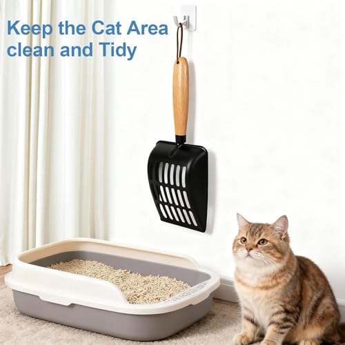 Cat Litter Scoop, Metal Litter Scoop, Short | Heavy Duty Metal Cat Scooper for Litter Box, Black Sifter Scoop for Pellets, Wooden Handle Scoop with Hole, Kitty Necessity - size: Cat Litter Scoop Short