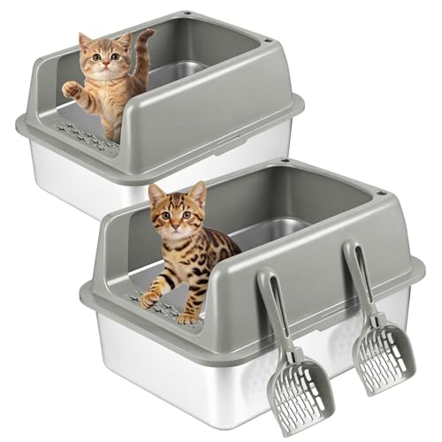 Kirecoo 2 Pack Medium Semi-Enclosed Stainless Steel Cat Litter Box with Lid | Scoop Included, Sturdy Metal Box, Anti-Leakage, Odor Free, Easy to Clean, For Cats Kittens & Bunnies, Multi-Cat Friendly - size: Medium