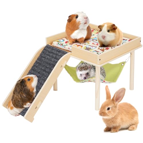 Guinea Pig Hammock with Ramp, Wooden Guinea Pig Hideout Toys with Platform, Guinea Accessories Castle with Soft Mat & Stairs for Cage Small Animals Hamsters Chinchilla Hedgehog Rat Ferret Bunny