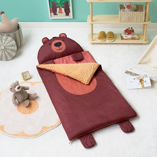 JOIEDOMI Kids Sleeping Bag 4 5 6 Year Old Girl Gifts Toddler Nap Mat with Pillow & Blanket 60" x 27" for Kids Ages 3+ Soft Plush Sleeping Mat for Preschool and Boys Girls - color: Brown Bear
