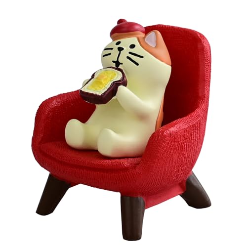 Mevodeata Cute Mini Cat Eating Toast Bread Figurine with Small Sofa Resin Figure for Office Home Decor for Cat Lovers (Red Sofa) - color: Toast Cat-red