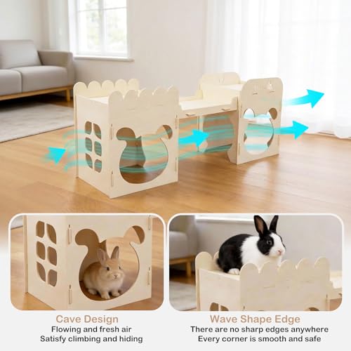 Extra Large Rabbit Castle, Wooden Bunny House & Training Bridge, Detachable Rabbit Hideaway, Indoor Hamster Castle with Ramp, Small Animal Houses & Habitats for Guinea Pig Chinchilla Ferret(2+1 House) - size: Extra Large-2+1 House