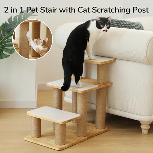FUKUMARU Dog Stairs, Solid Wood Pet Stairs with Cat Scratching Post | Transformable Cat Step Hold Up to 200 lbs, 20" Pet Ramp for Dogs and Cats to Climb High Bed and Couch, Over 6 Combinations - color: Beige