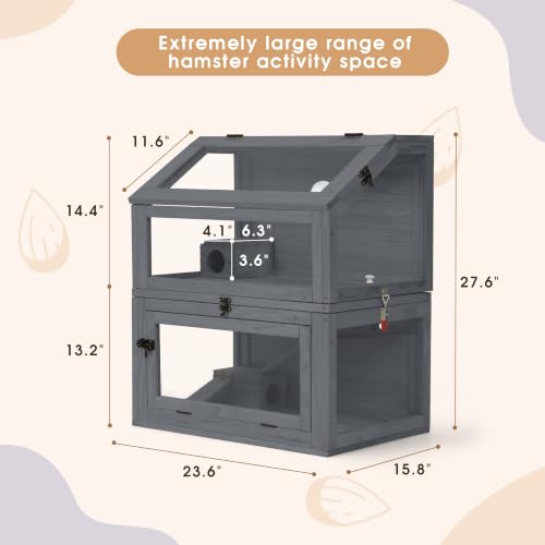 COZIWOW 2-Tier Hamster Cage, Large Rat Cage and Habitat with Ramps, Openable Top, Detachable Small Animal Cage for Hedgehogs, Gerbil, Mouse, Wooden Frame with Acrylic Panel, Gray - color: Gray