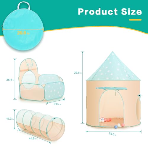 PigPigPen 3pc Kids Play Tent for Girls and Boys with Ball Pit, Crawl Tunnel, Princess Tents for Toddlers, Baby Space World Playhouse Toys, Boys Indoor& Outdoor Play House, Perfect Kid’s Gifts - style: 3PC Orange & Green Star Play Tent