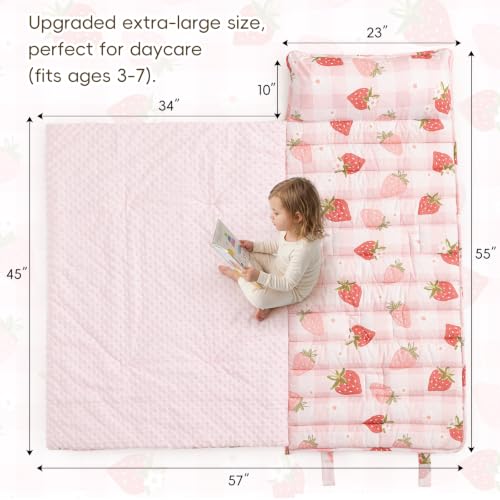 david's kids Minky Toddler Nap Mat with Pillow and Minky Fleece Blanket, 55"x23",Ultra Soft Slumber Bags for Kids, Perfect for Preschool, Daycare, Kids Sleeping Bags with Rollup Design, Strawberry - color: Strawberry