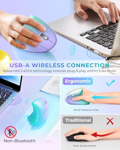 Lekvey Ergonomic Mouse, Rechargeable Vertical Wireless Mouse, Green Purple | USB-C Charging, 2.4G Wireless, 800/1200/1600 DPI, Quiet Clicks, 6 Buttons, Carpal Tunnel Mouse, for Laptop, PC, Computer, Mac - color: Green and Purple