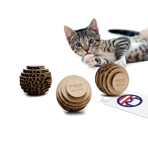 Cat Ball Toys by Americat – Made in USA – Safe Cardboard Cat Toys – for Interactive and Independent Play, Exercise & Stress Relief for All Breeds & Ages (Pack of 3 Round Balls) - style: Round Ball Pack