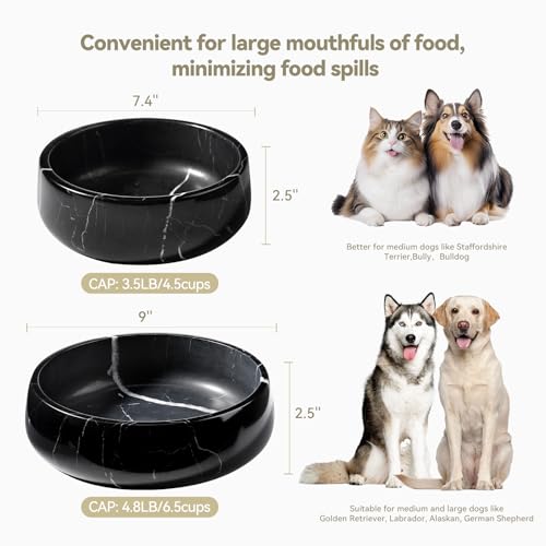 Karibiber Black Marble Dog Bowl, 3.5lbs Non Slip,Non Spill Heavy Dogs Food Bowl, Large Dog Dish, Weighted Food and Water Bowls for Medium Dogs, Natural Stone Pet Bowl, Easy to Clean, Holds 4.5 Cups - color: Black, size: S