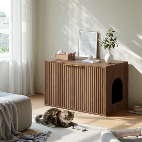 Evermagin 31.5" Cat Litter Box Enclosure Furniture, Walnut | Hidden Litter Box Cabinet, Modern Indoor Cat House, Fluted Kitty End Table for Living Room, Bedroom, Entryway - color: Walnut