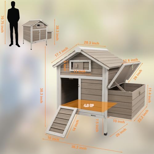Gowoodhut Chicken Coop Rabbit Hutch with Removable Trays,Raised Floor Hen House with Nesting Box,Wooden Outdoor Poultry Cage Pet House with Ramp Run Hen Cage for Garden Backyard(Grey) - size: Chicken-26