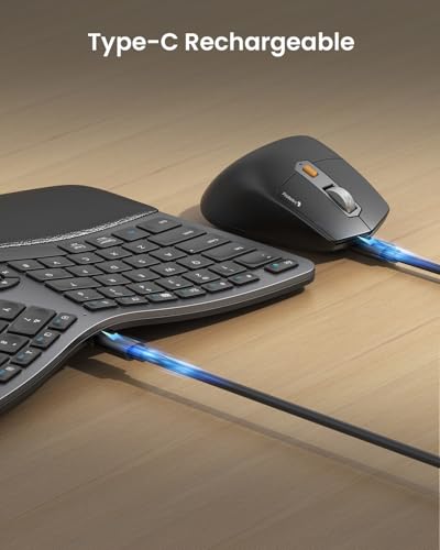 ProtoArc EKM01 Plus Wireless Ergonomic Keyboard Mouse Combo - Gray Black | Full-size Split Keyboard with Cushioned Wrist Rest, Ergonomic Mouse, 3-Device Bluetooth/2.4G, USB-C Rechargeable - color: Gray and Black