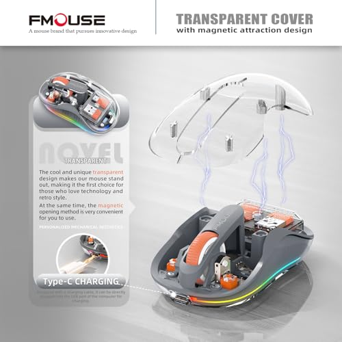 FMOUSE Transparent Wireless Mouse, Tri-Mode Bluetooth & 2.4GHz, Grey | USB-A & USB-C Receiver | Rechargeable | 3 Devices for MacBook Laptop iPad PC | Silent Clicks | Portable | RGB | 4-Level DPI - color: Grey