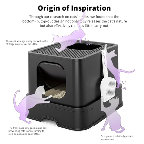 RIZZARI Stainless Steel Cat Litter: Covered, Top-Front Entry, Easy Clean | High Splash Sides / Leak-Proof Seal / Non-Stick Coating / Odor Control / Sifting Drawer / Garage-Bathroom Fit - color: Deep Black