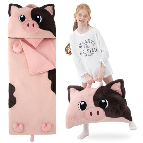 70" 4.2lbs Kids Sleeping Bag with Pillow Pink Pig Toddler Nap Mat | Sleep Sack 2-in-1 Sleeping Mat& Blanket Washable Roll-Up w/ Handle For Daycare Kindergarten Thick Soft & Portable In Gift Box - color: Pig-Pink