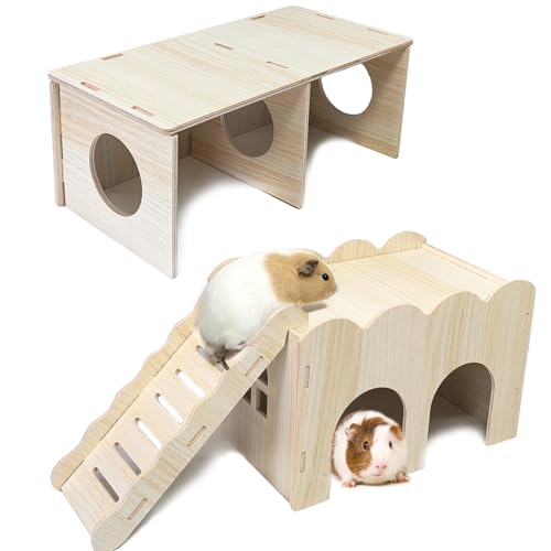2 PCS Wooden Hamster Hideout Multi-Chamber Tunnel Hamster House Hiding Maze Platform Stuff Exploring Toy Cage Accessories for Gerbil Rat Mice - size: L+L