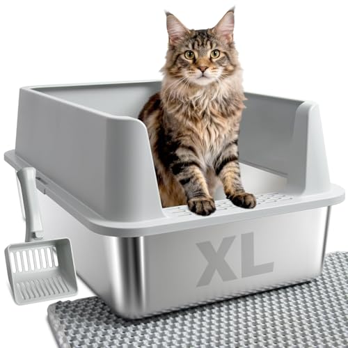 Stainless Steel Litter Box, Extra Large Cat Litter Box for Big Cats | High Sided, Anti-Urine Leakage, Easy Clean, Odor-Free, Non-Sticky, Includes Scoop & Mat - size: XL(23" x 14.6" x 10")