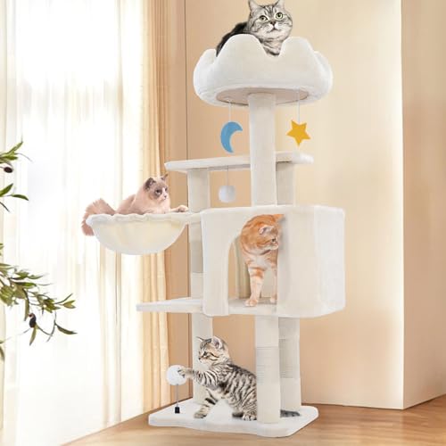 Cat Tree Tower with Hammock,40"Cat Trees for Indoor Cats Large Adult(White) | Modern Cat Tree Tower with Scratching Post, Cats Condo Furniture with Cloud Top Perch, Cats Climbing Tower for Kittens - color: White