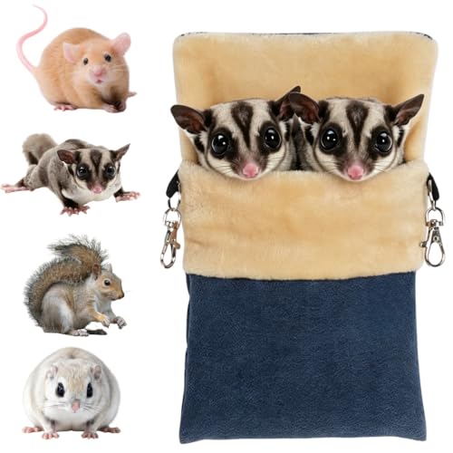 Hanging Sugar Glider Pouch Warm Hammock Pet Sleeping Bag (Blue,Medium) | Back-slant design fits cages perfectly. Features a rear pocket for heating pads. Soft, cozy plush lining for rat squirrel - color: Blue, size: Medium