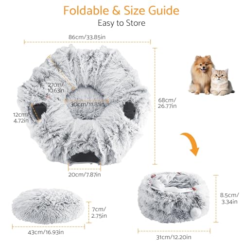 Cat Tunnel Cat Bed for Indoor Cats,Christmas Tree cat Tunnel 3-in-1 Foldable Plush Donut Tunnel with Washable Cushion, Peekaboo Cat Cave with Ears for Kittens, Puppy, Rabbit (Gray) - color: Gray