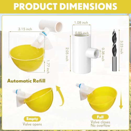 LemonRoad 30 Set Automatic Chicken Waterer Cups with 1/2" PVC Tee Fitting Chicken Drinking Bowl, Poultry Drinker Mounting Hole Opener,Water Dispenser Feeder for Duck, Goose, Turkey, Pigeon(Yellow) - color: Yellow
