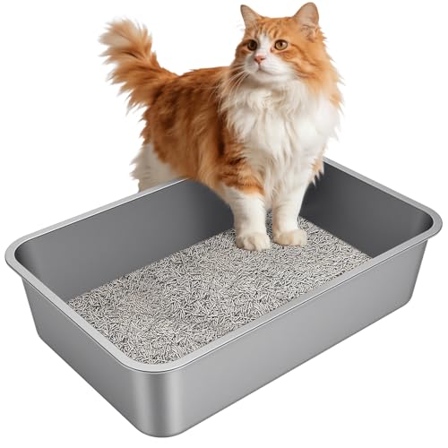 X-Large High Sided Stainless Steel Cat Litter Box | Sturdy Metal, Odor-free, Cat Litter Non-stick and Easy to clean, Perfect for Indoor Cats, Kittens and Multi-cat Households - size: 23.62"L x 15.75"W x 5.91"H