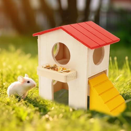 Hypeety Wooden Hamster Villa House & Maze Hideout Cage - Exercise Toys for Dwarf Hamsters, Gerbils, and Small Pets Natural Wooden Habitat with Climbing Accessories (Villa House) - color: Red
