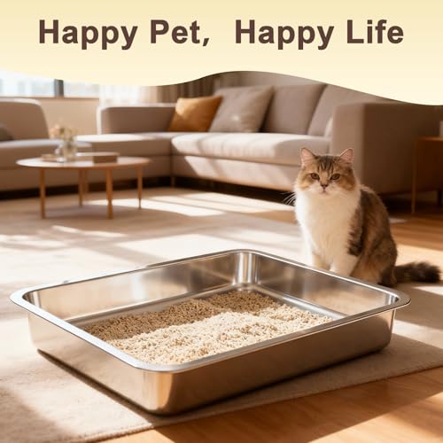 Low Entry Stainless Steel Cat Litter Box for Senior Cats, Large Metal Kitten Shallow Litter Box, Easy Access Kitty Litter Tray-19.68'' Lx 13.78'' W x 2.76'' H - color: 19.68'' Lx 13.78'' W x 2.76'' H