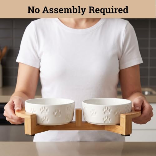 Ceramic Dog Bowl Set of 2, Anti-Skid Bamboo Stand, Elevated, 2 Cups Each | Thick Ceramic Food and Water Bowls Set of 2, Dishwasher Safe, Anti-Skid Rubber Base, 2 Cups per Bowl, Sturdy Bamboo Stand - color: White with Stand, size: Small