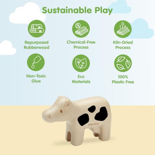 PlanToys® Cow Wooden Montessori Kids Farm Animal Figurine Creative Play | cow wooden figurine, montessori imaginative play, language development social interaction coordination, animal figure, kids t - color: Cow