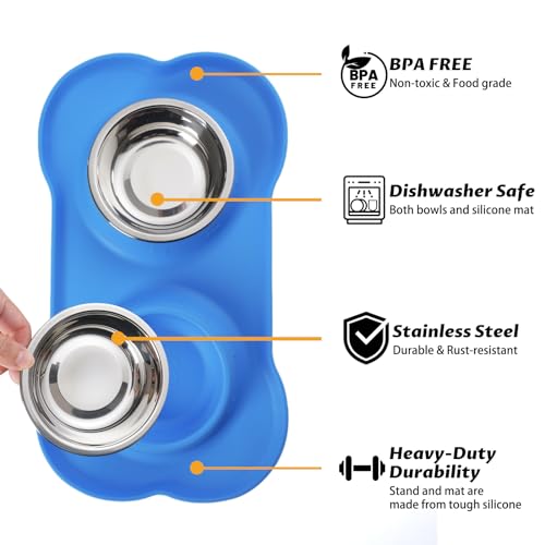Hubulk Pet Dog Bowls 2 Stainless Steel Dog Bowl with No Spill Non-Skid Silicone Mat + Pet Food Scoop Water and Food Feeder Bowls for Feeding Small Medium Large Dogs Cats Puppies (Small, Blue) - color: Blue, size: Small