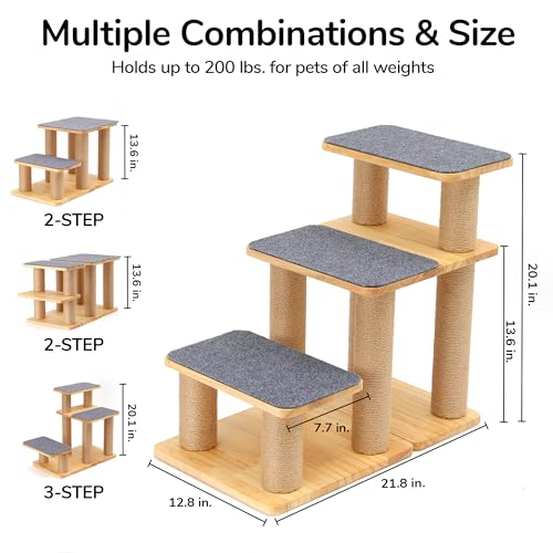 FUKUMARU Dog Stairs, Solid Wood Pet Stairs with Cat Scratching Post | Transformable Cat Step Hold Up to 200 lbs, 20" Pet Ramp for Dogs and Cats to Climb High Bed and Couch, Over 6 Combinations - color: Grey