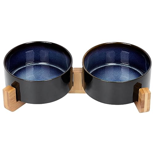SPUNKYJUNKY Ceramic Dog and Cat Bowl Set with Wooden Stand, Modern Cute Weighted Food Water Set for Small Size Dogs (13.5OZ) & Medium Sized Dogs (28.7OZ) & Cats (3.6 Cups, 2 × Starry Blue) - color: Starry Blue × 2, size: 3.6 cups