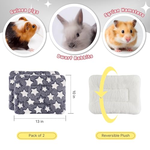 2 Pcs Bunny Bed, Washable Rabbit Bed, Double-Sided Fleece Sleeping Pad for Guinea Pig, Dwarf Rabbit, Chinchilla, Ferret, Hamster, Warm Small Animal Cage Mat, 13x10in, Gray Star - color: Gray Star