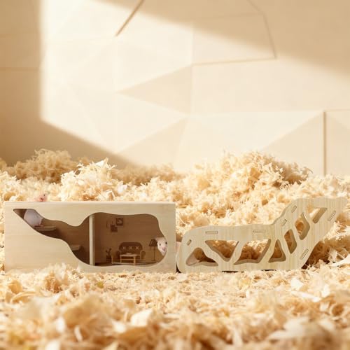2Pcs Hamster House and Tunnel, Wooden Exploring Tunnel with Ladder, Small Animal Playground Exploring Toys for Syrian Dwarf Hamsters Gerbils Guinea Pig(Style1) - color: Style1