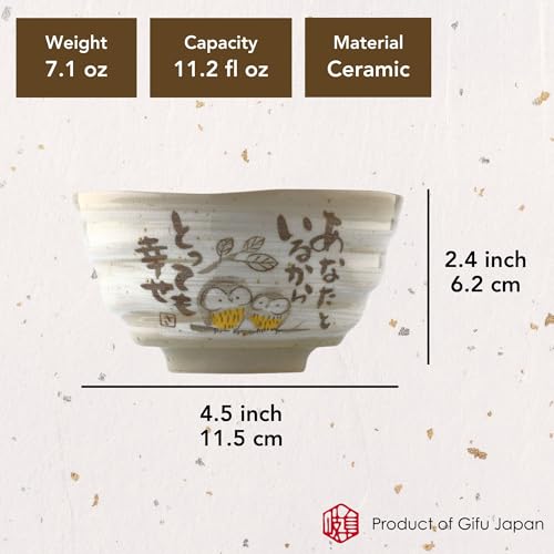 Japanese Rice Bowls, Miso Soup Bowls, Owl Design, Set of 2, 4.5 inch - color: Owl