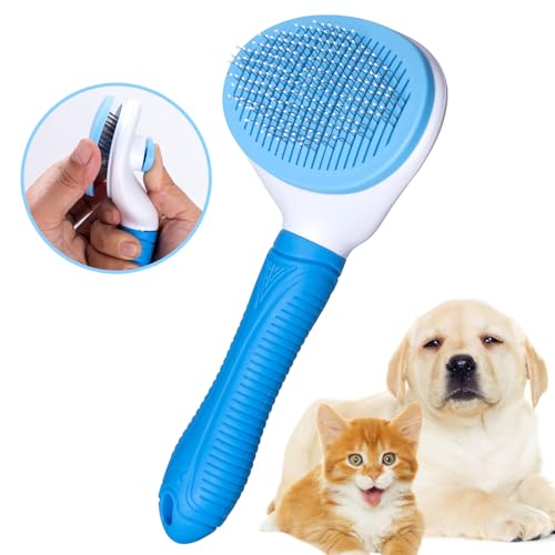 Aogeili Self Cleaning Slicker Brush, Skin Friendly Deshedding Grooming Tool for Dogs, Cats & Bunny, One-Click Release Removes Loose Undercoat, Mats & Tangles, for Long & Short Hair Shedding Pets - color: Blue
